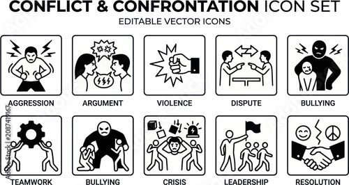 Obraz na plátně A set of Conflict and Confrontation icons depicting Aggression, Argument, and Bullying scenes