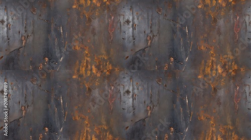Weathered industrial steel sheet with organic rust patches and dark patina