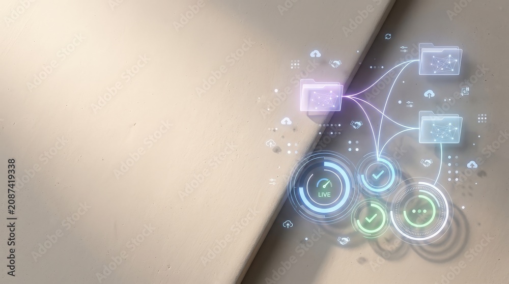 Fototapeta premium Futuristic data routing interface with holographic folders and network link lines on raw clay ceramic tile background
