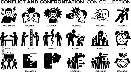 Fotografie A collection of conflict and confrontation icons depicting various aggressive interactions and violent actions among people in different scenarios