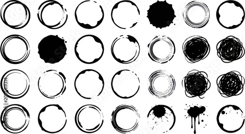 Foto Black ink splatters and circles on white background with graphic elements