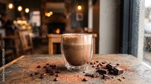 Double walled glass mug containing steaming mocha on rustic café table