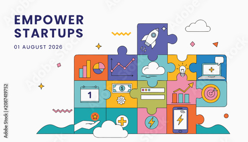 Colorful jigsaw puzzle pieces representing various business growth and startup concepts