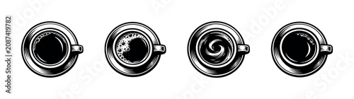 Set of four overhead view black and white coffee cup icons with different textures