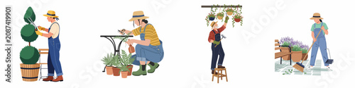 Flat illustrations of diverse people engaged in various gardening activities such as trimming topiary, pruning ferns, tending hanging baskets, and sweeping a patio.