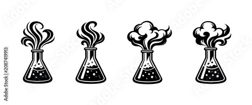Fotografía Four stylized laboratory flasks emitting smoke and bubbles in a black and white
