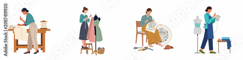 Konstfotografi Set of female seamstresses, tailors, and needlewomen working on various sewing, embroidery, and dressmaking projects, isolated on white background
