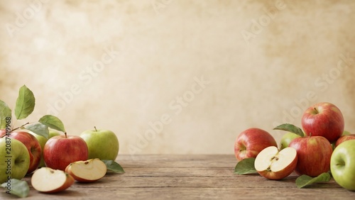 Rustic Still Life of Red and Green Apples with Leaves on Wooden Table and Textured Background