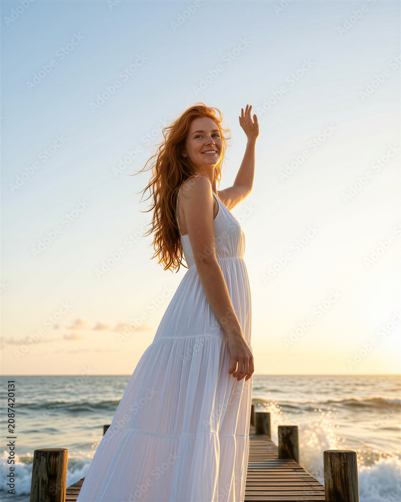Fototapeta premium Woman with long wavy red hair wearing white dress standing on a wooden pier over ocean waves with blue sky and setting sun behind her, exuding joy and happiness.