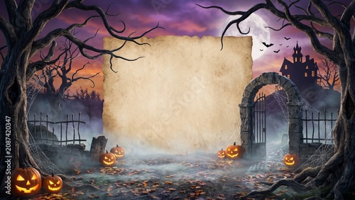 Spooky Halloween Cemetery with Blank Aged Parchment and Pumpkins