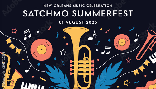 Canvas Print Colorful flat vector illustration for the Satchmo Summerfest jazz music festival