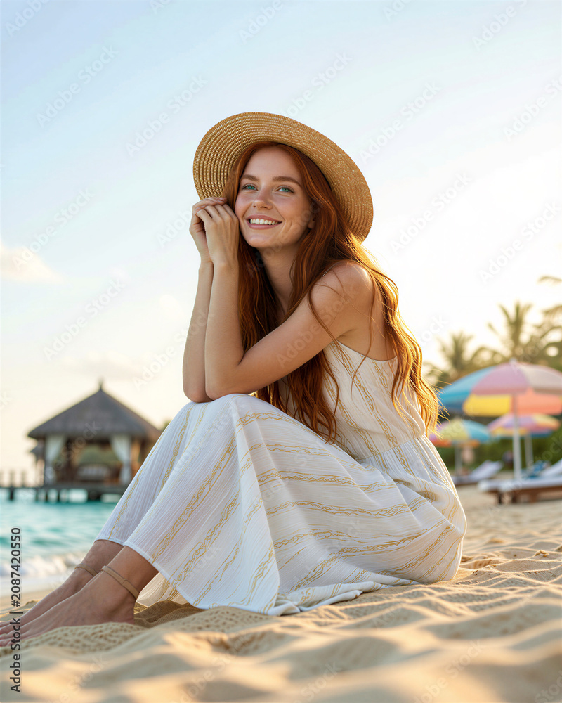 Fototapeta premium Young red-haired woman in white dress and straw hat sitting on a sandy beach with her hands touching her face, near a pier and colorful umbrellas in the background.