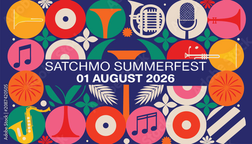 Photography Colorful geometric music festival poster design with vintage jazz instruments