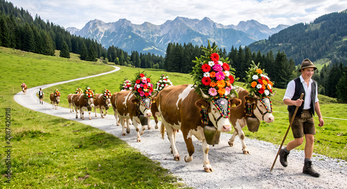 A young man in traditional clothing leading decorated cows along a scenic path in the alpine mountains.