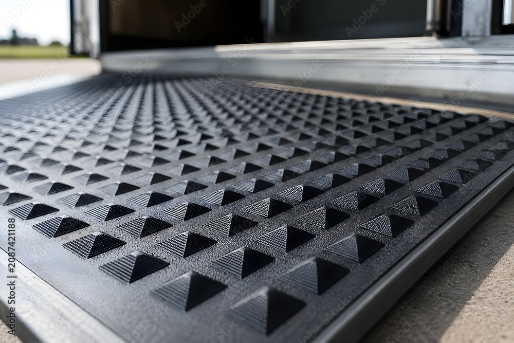 Fototapeta premium Raised Pyramid Traction Pattern On Black Rubber Loading Ramp Mat Low Angle Architectural View Photo