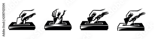 Photos Hand casting a ballot into a ballot box, symbolizing voting and democracy