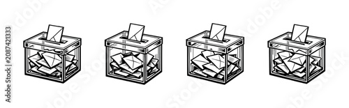 Fotografie Four transparent ballot boxes filled with voting papers and envelopes