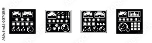 Collection of retro control panels with gauges, switches, and knobs for vintage equipment