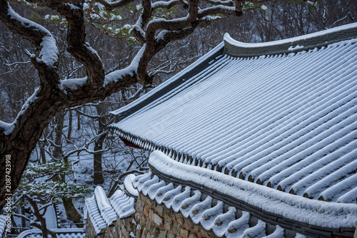 Tableau sur toile Traditional Korean temple tiled roofs and an earthen stone wall covered with winter snow under a pine tree