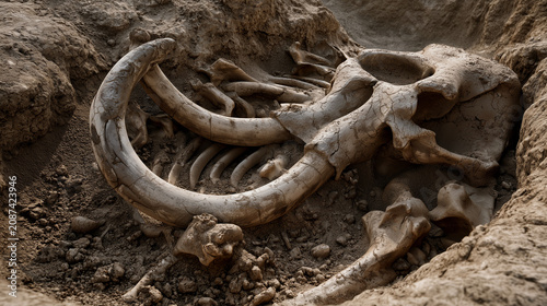 Mammoth skeleton in the ground. Excavation process.