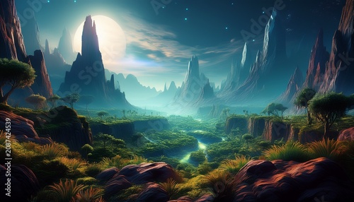 extraterrestrial terrain with craggy mountains and glowing vegetation under a pale light during an unknown time