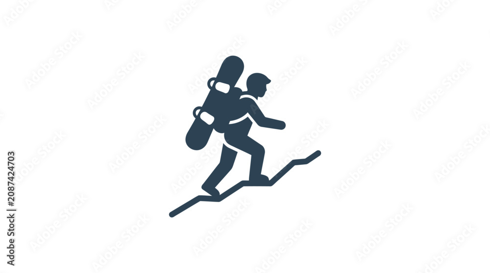 Fototapeta premium Icon of a snowboarder hiking up a snowy mountain slope.