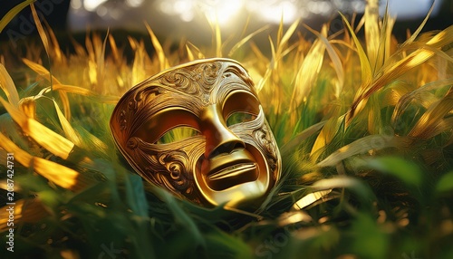 golden theater mask hidden in grass