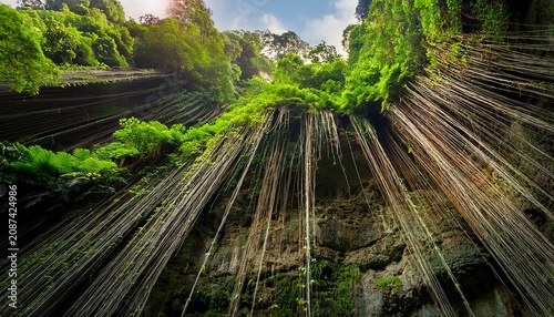 tropical cliff overgrown jungle vines lush green foliage