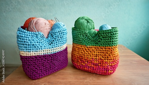 two colorful handmade crochet bags with yarn balls on table