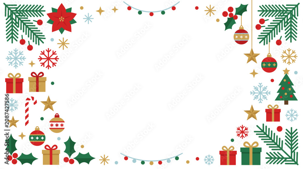 Obraz premium Flat Lay Christmas Holiday Vector Illustration with Decorations, Gifts, Ornaments, and Festive Elements