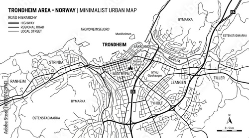 Photos Minimalist Map of Trondheim Area, Norway: Urban Navigation and City Plan