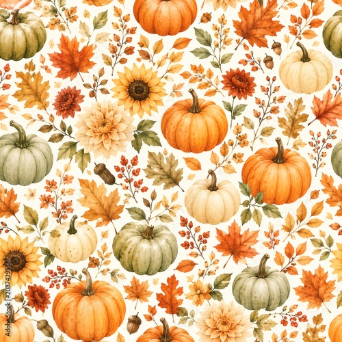 Seamless watercolor autumn pattern with pumpkins, fall flowers and maple leaves.