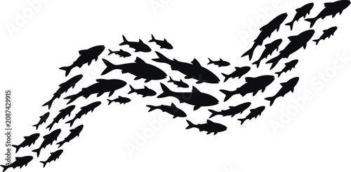 School of fish black silhouette vector swimming in a wavy formation for nautical branding projects.