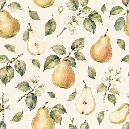 Seamless watercolor pear pattern with botanical leaves and white blossoms.