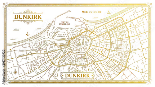 Obraz na plátně Vintage Dunkirk Map Illustration Gold Line Art on White Background
