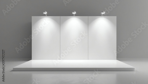 3D exhibition booth. White empty promotional stand with desk. Vector white empty geometric square. Presentation event room display. Blank box template