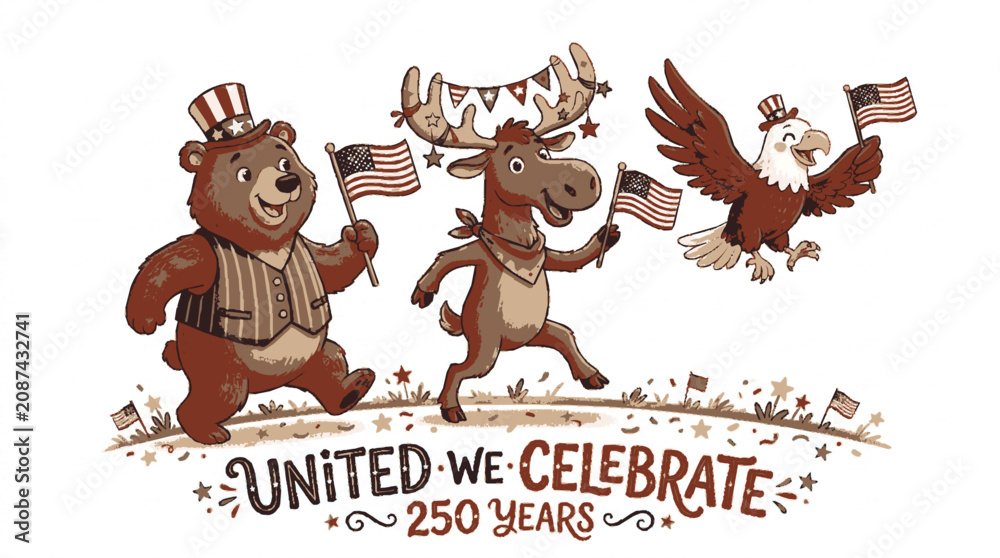 Fototapeta premium Joyful bear moose and eagle celebrating with flags illustration for anniversary