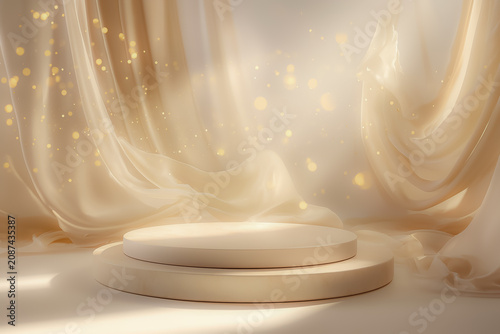 Empty round gold podium with silk satin curtains and sparkling glitter bokeh for luxury beauty skincare cosmetic background