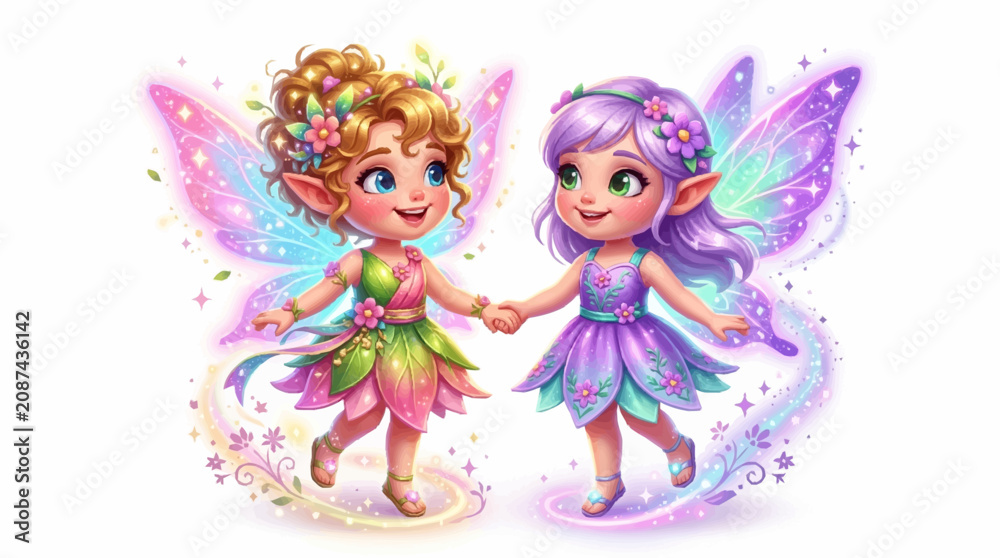 Fototapeta premium Two fairies holding hands in a magical 3D vector illustration