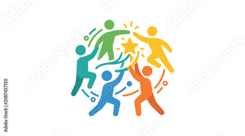 Photos Circle of Success: Stylized figures in vibrant colors reach for a golden star at the center, symbolizing collaboration, achievement, and shared goals in a dynamic, abstract design