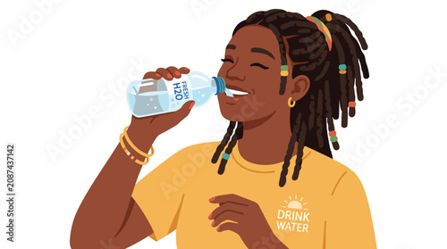 Canvas-taulu Hydration Break: A young woman with dreadlocks and colorful beads sips refreshing water from a clear bottle, her eyes closed in satisfaction