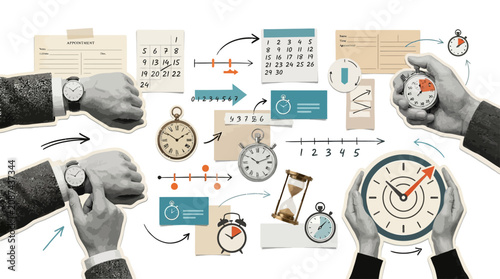 Cuadro en lienzo Vintage time management collage elements featuring clocks and hands set on a cle