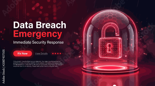 Quadro su tela Data breach emergency alert displaying a glowing digital padlock under a protect