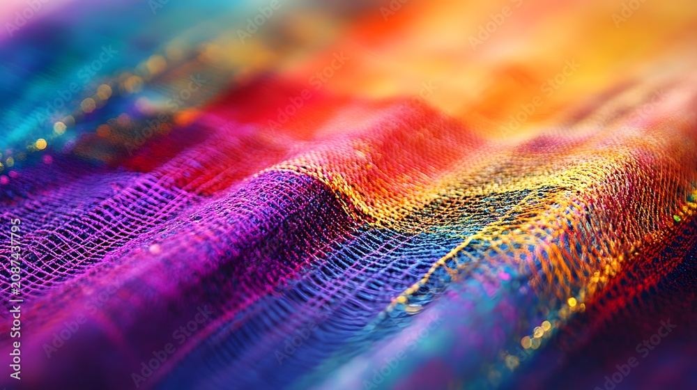 Fototapeta premium Vibrant Rainbow Textile Fabric Displaying Flowing Waves of Colorful Threads Interwoven Into a Rich Texture Suitable for Fashion Design Concepts and Artistic Craft Projects Requiring Soft