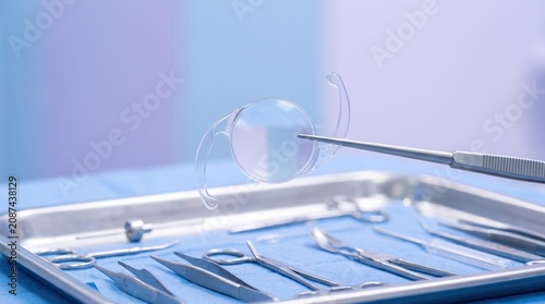 Intraocular lens implant held by surgical forceps. Ophthalmic instrument and clear lens for cataract surgery. Eye vision correction procedure concept