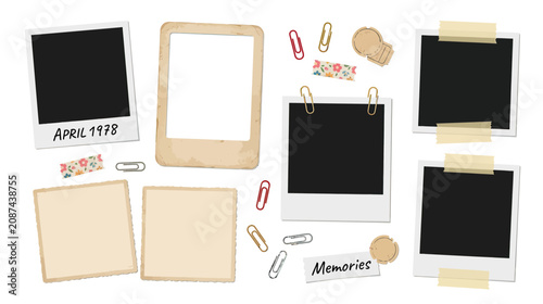 Принти на полотні Vintage Photo Frames and Memories Collection with Paper Clips and Washi Tape