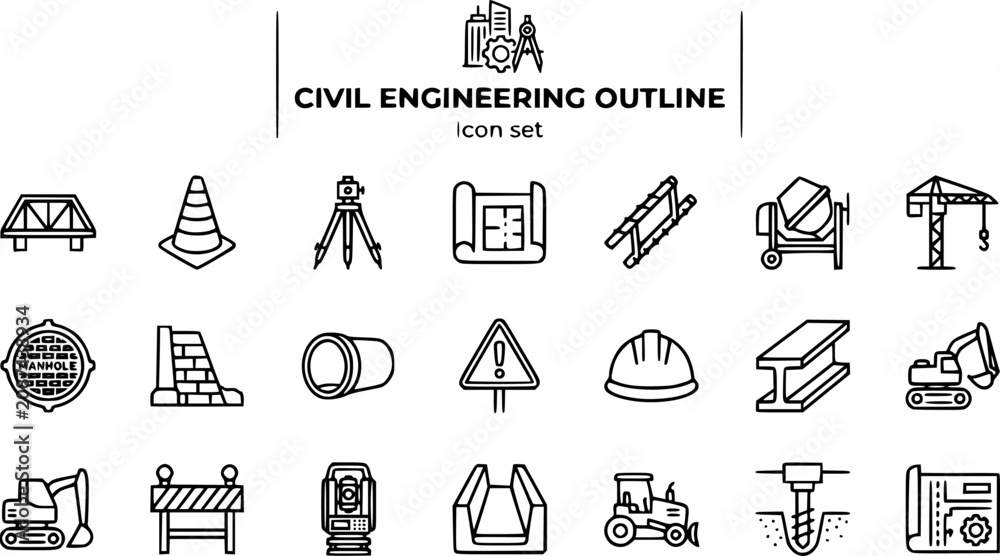 Fototapeta premium Civil Engineering and Infrastructure Outline Icon Set with Bridge Truss, Surveying Tripod, Blueprint Roll and Excavator, 20 Icons for Engineering Firms