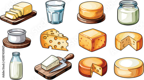 Bild auf Leinwand Dairy products sketch collection featuring sliced butter milk glass cheese wheels gouda block yogurt cup and cottage cheese on boards for rustic food branding