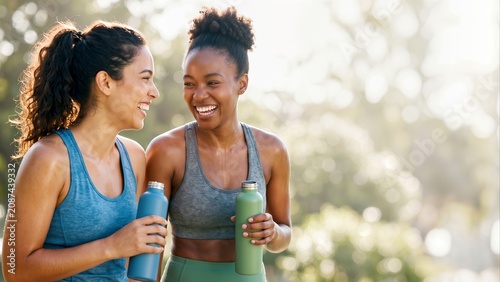 Friends laughing and hydrating with water bottles after outdoor fitness, symbolizing healthy active lifestyle and connection.