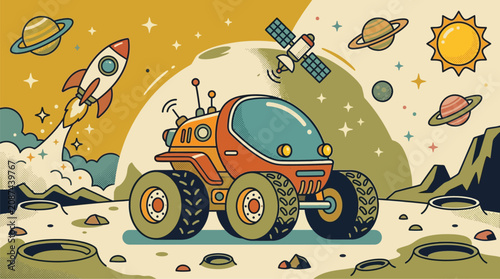 Canvastavla Retro cartoon space exploration scene featuring a lunar rover on the moon surfac
